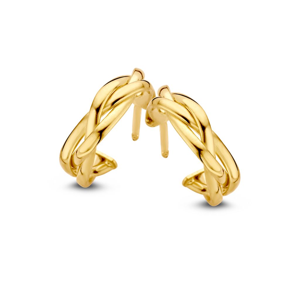 Bracciale bicolore in oro 14 carati, giallo e bianco, con design intrecciato, lunghezza 19 cm.