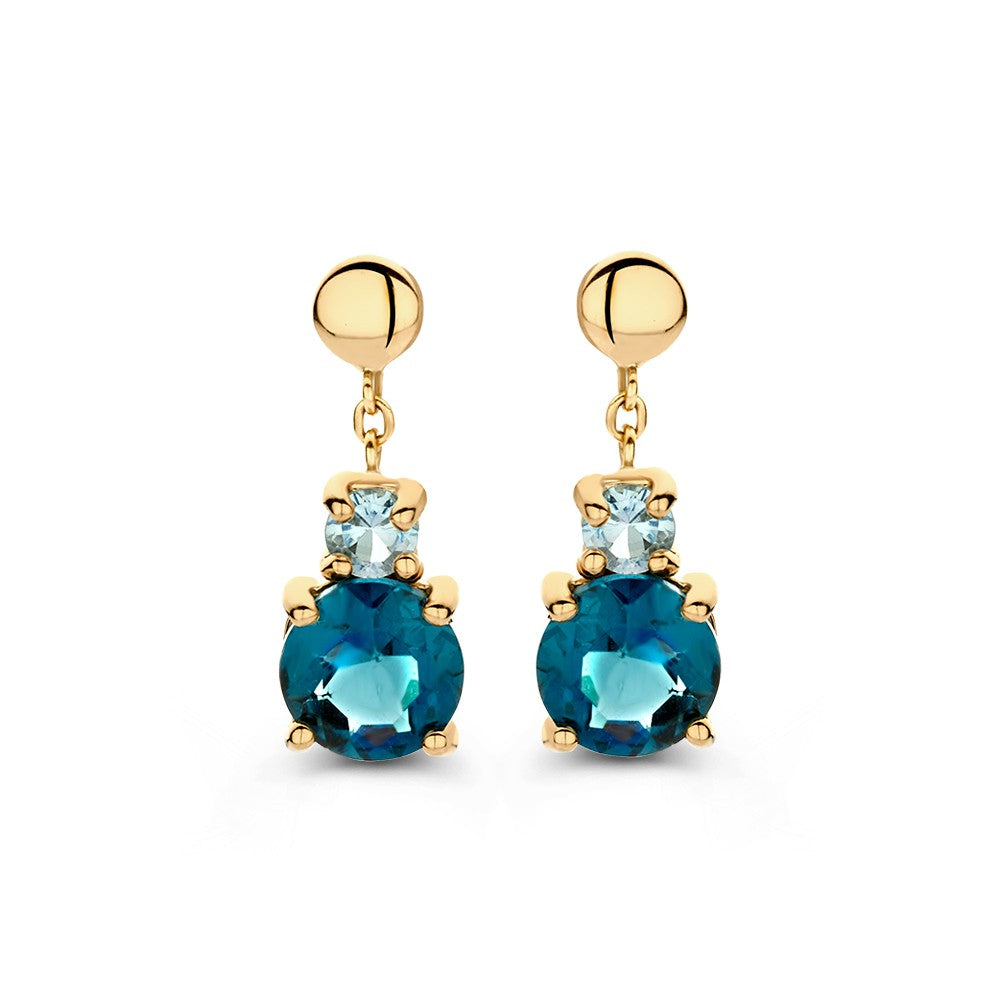 Orecchini eleganti in oro giallo con topazi blu e London Blue.