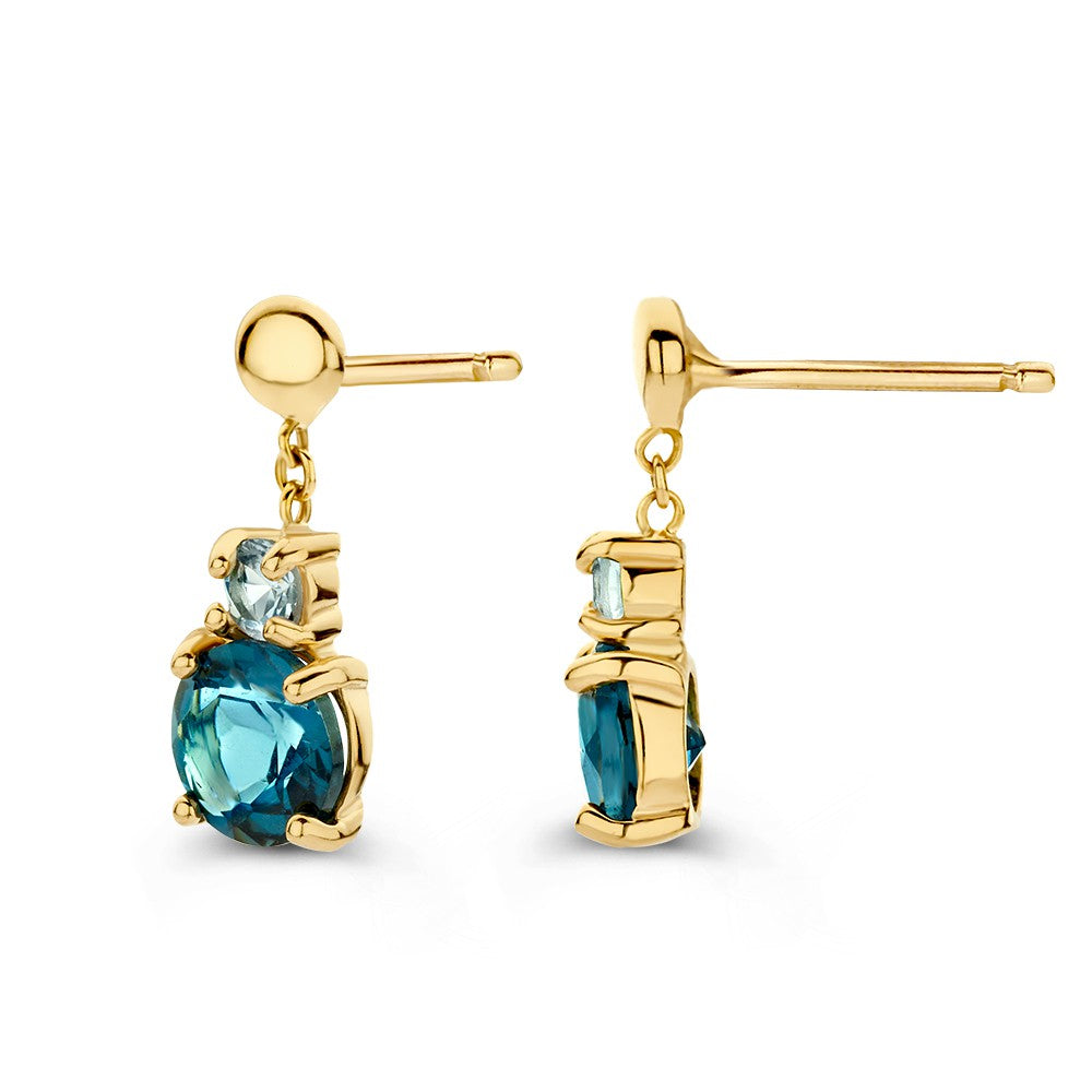 Eleganti Orecchini a Perno in Oro Giallo con Topazio Blu e London Blue
