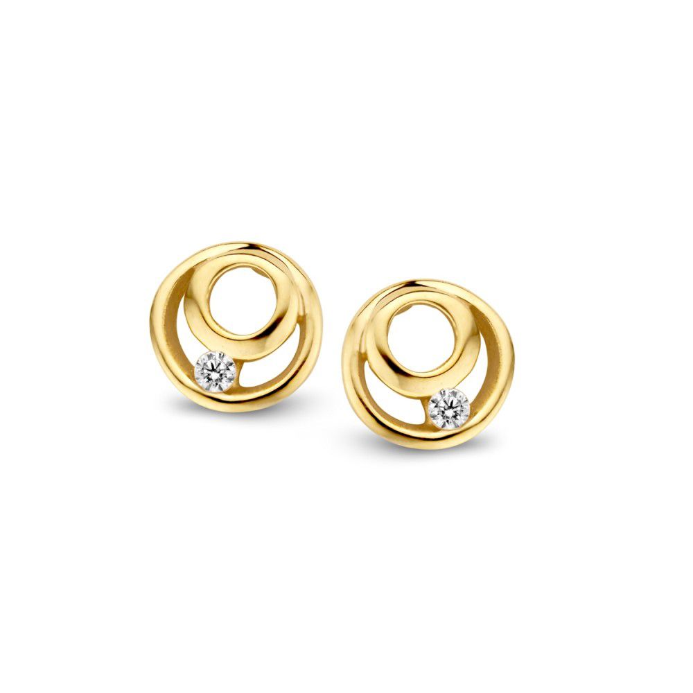 Orecchini in oro giallo 14 carati con zircone, design a cerchio.