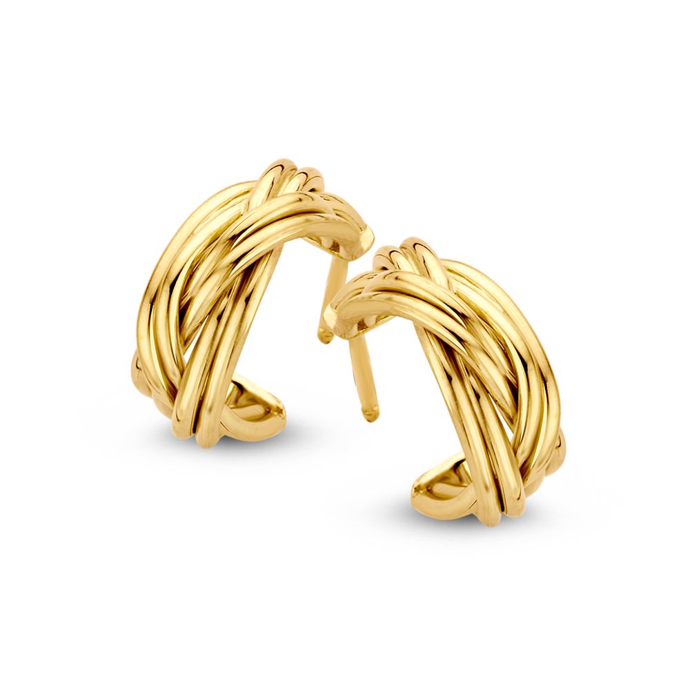 Orecchini in oro giallo 14K, forma intrecciata, diametro di 15 mm.