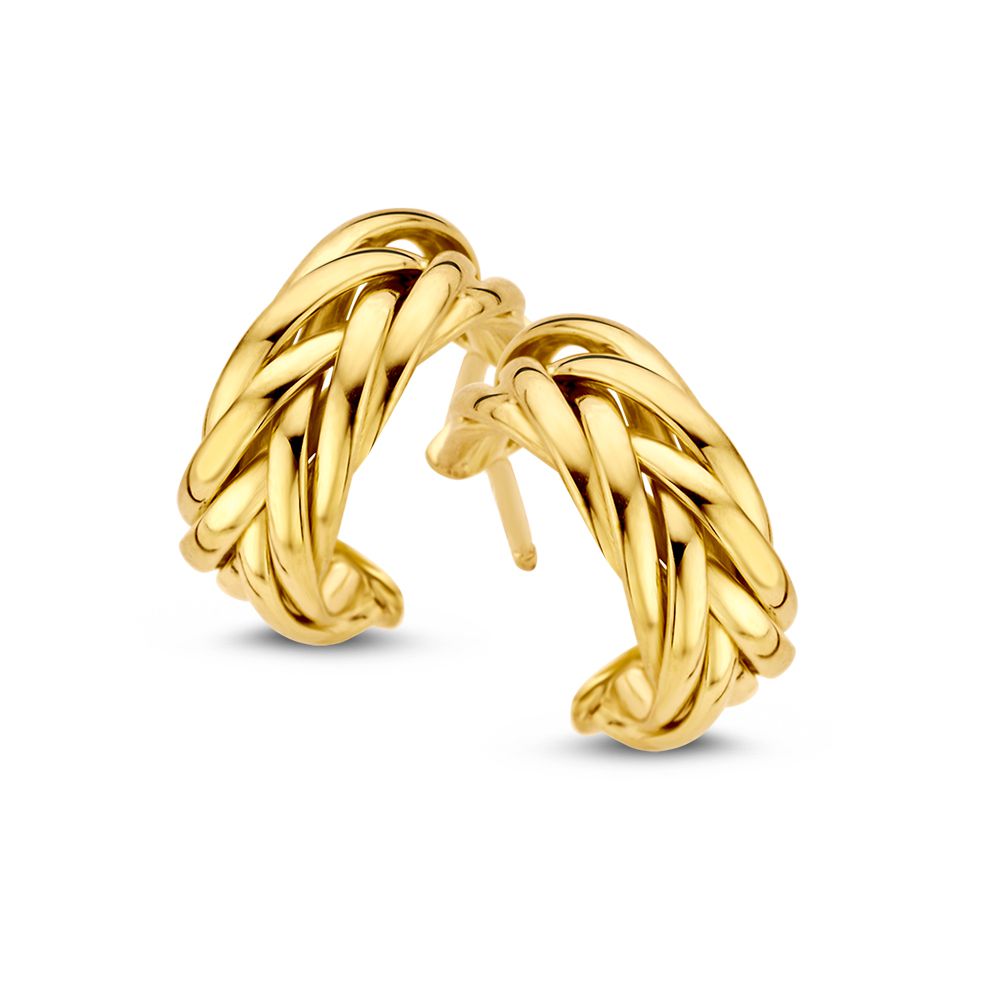 Orecchini in oro giallo 14K, 10mm, con design intrecciato e finitura lucida.