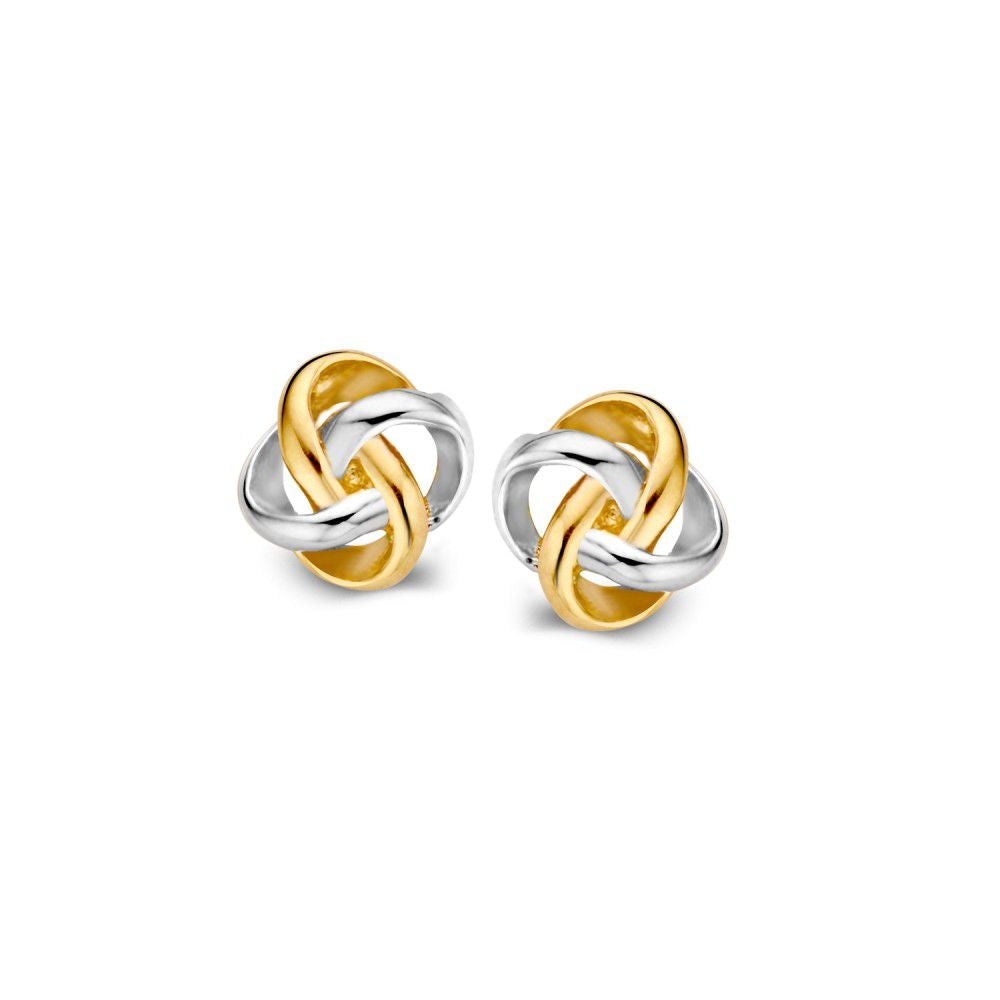 Orecchini bicolore in oro 14 carati, con un design intrecciato in oro giallo e bianco, diametro di 6 mm.