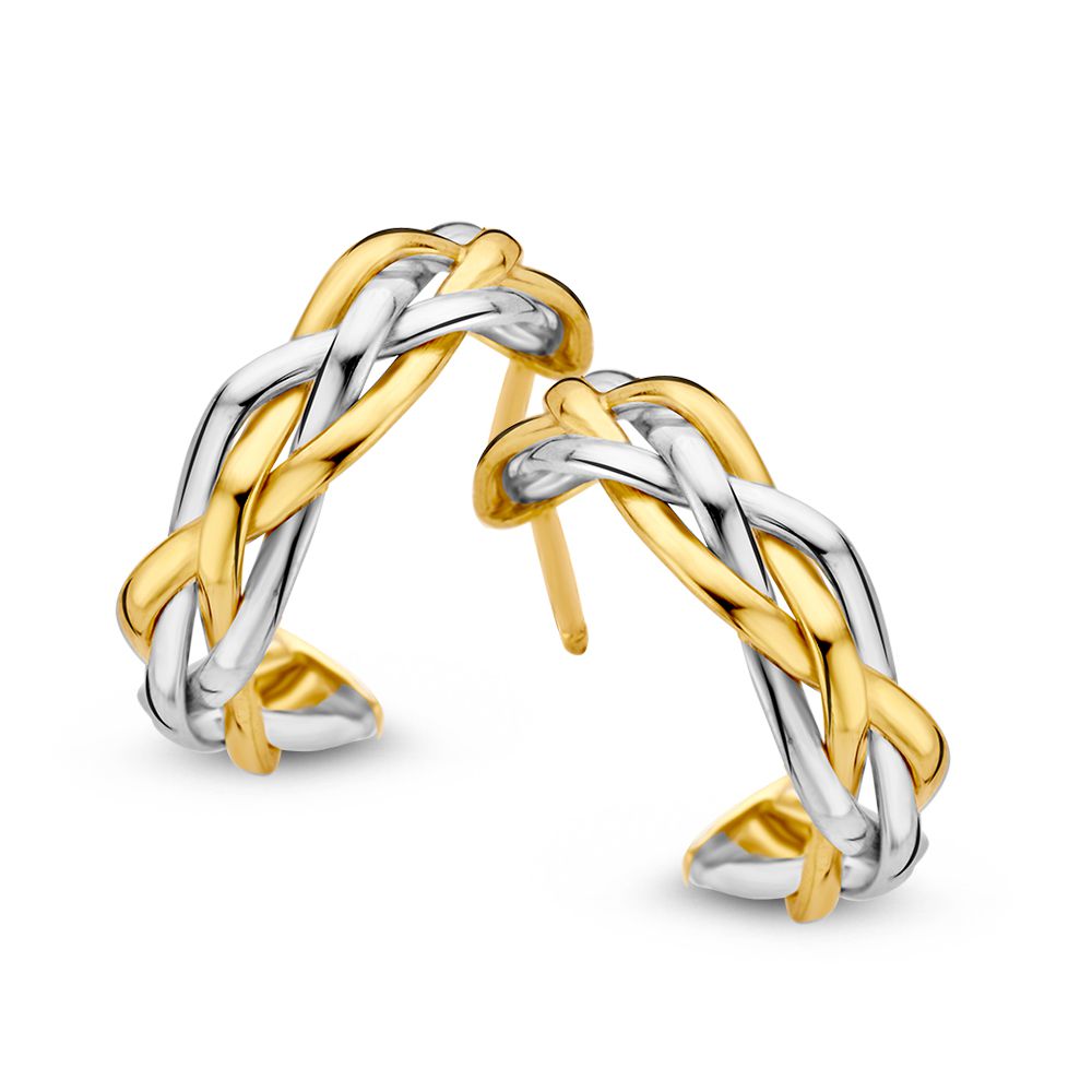 Orecchini bicolori in oro 14 carati, con design intrecciato in oro giallo e bianco.