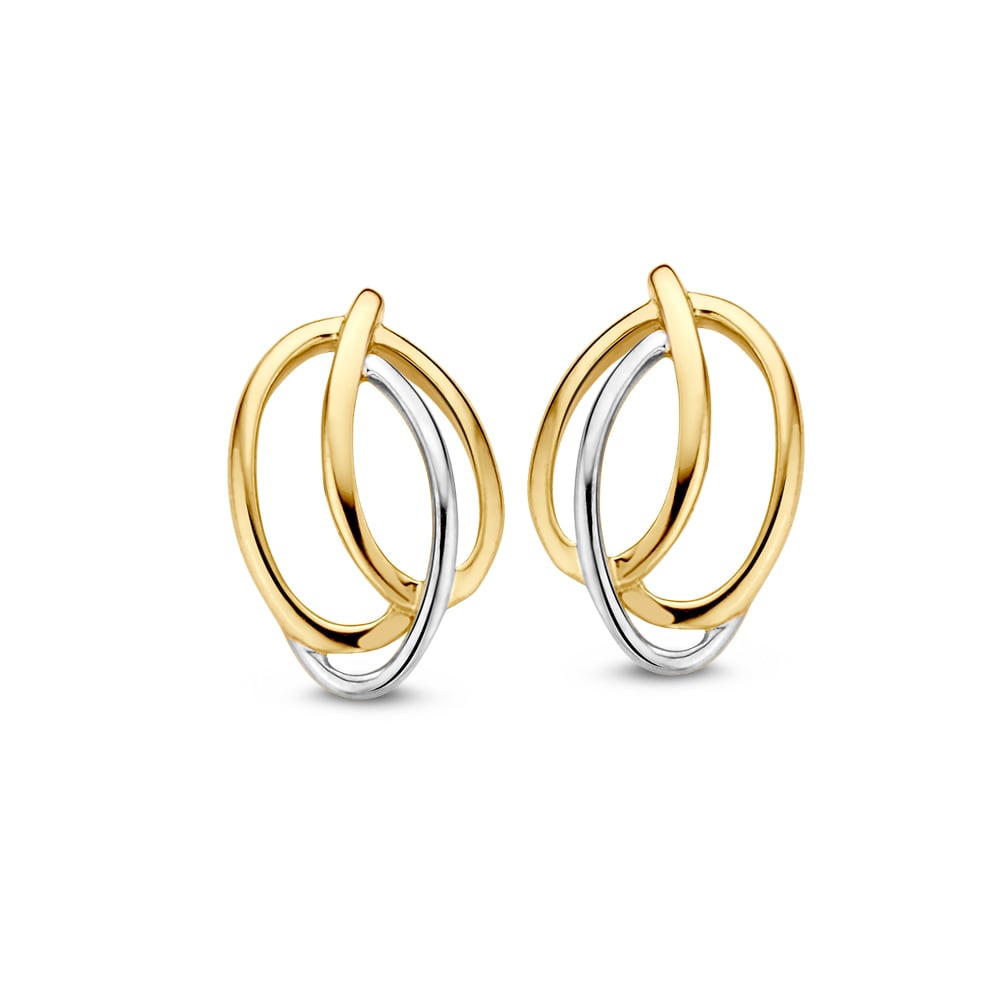 Orecchini in oro bicolore 14 carati, con anelli intrecciati in oro giallo e bianco.