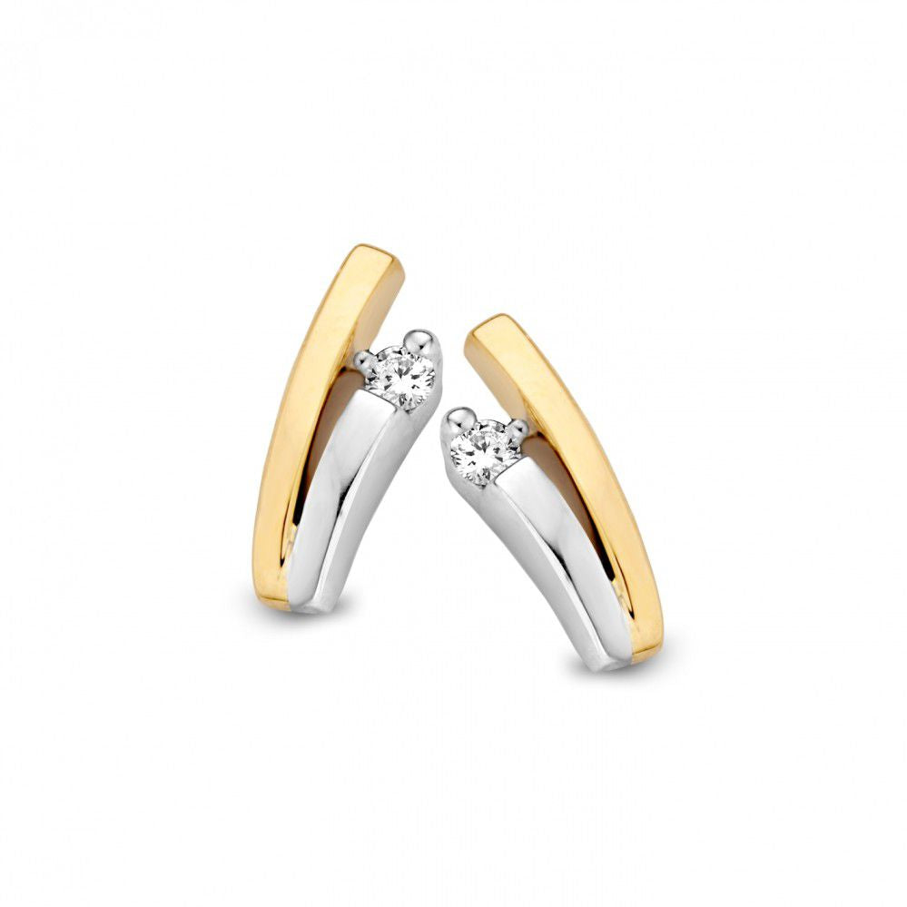 Orecchini in oro bicolore 14 carati, giallo e bianco, con diamanti.