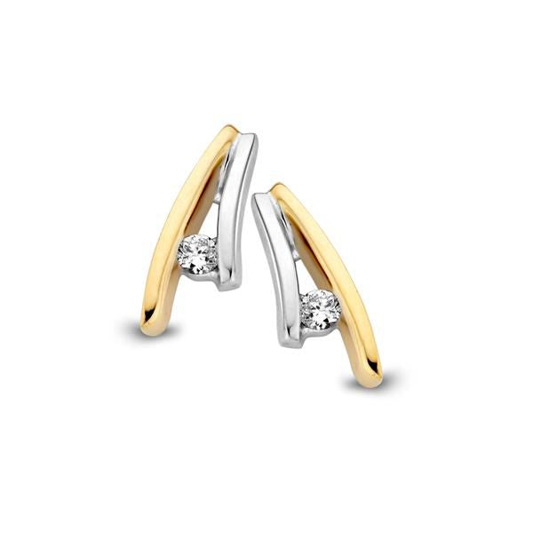Orecchini in oro bicolore con diamanti, design a forma curva, con diamanti da 0,06 crt.