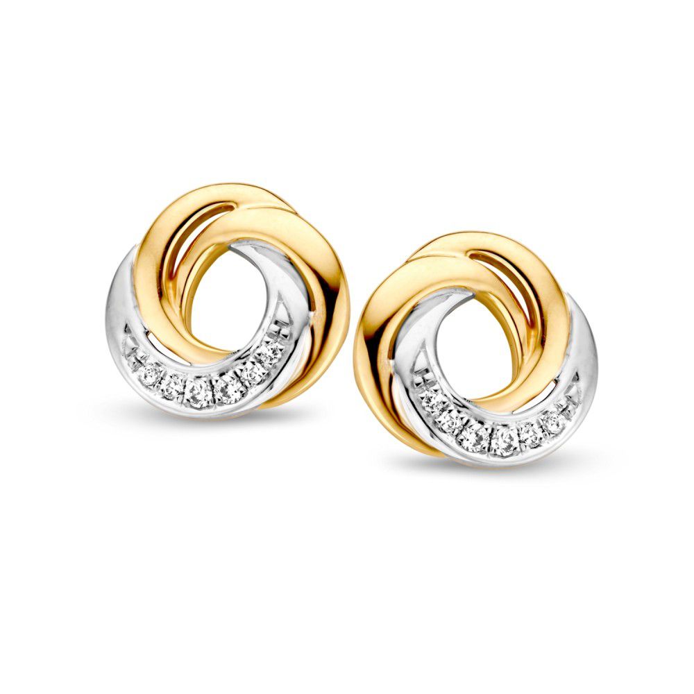 Orecchini in oro giallo e bianco con diamanti, design a spirale, totale 0,06 carati.