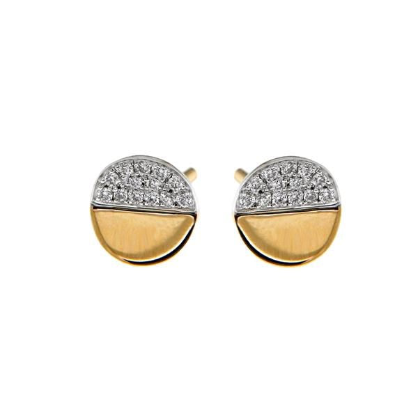 Orecchini in oro bicolore 14 carati con brillante, forma rotonda, metà gialla e metà bianca.