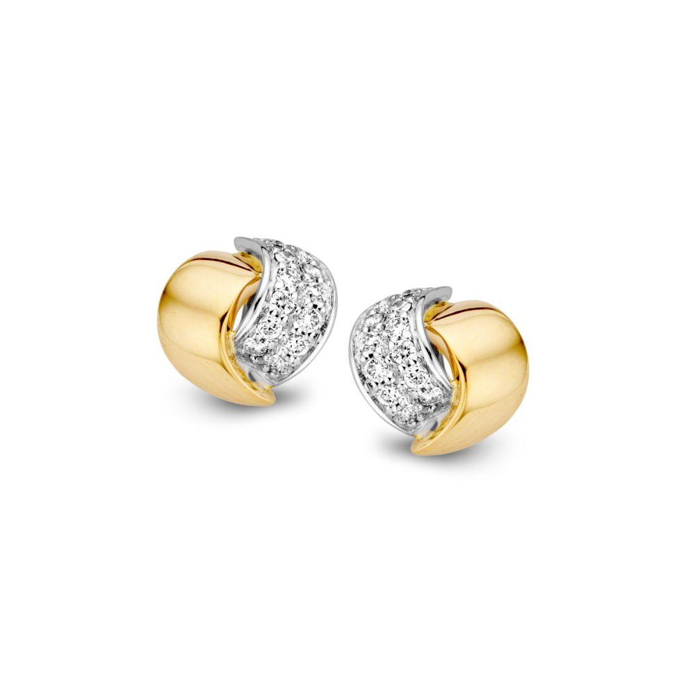 Orecchini in oro bicolore 14 carati, giallo e bianco, con diamanti (0,12 ct) e design ondulato.