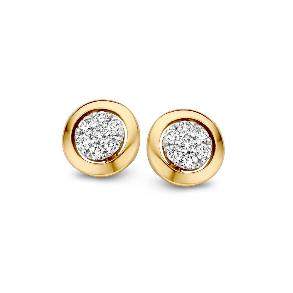 Orecchini in oro bicolore 14 carati con diamanti, brillanti incastonati in un design rotondo.