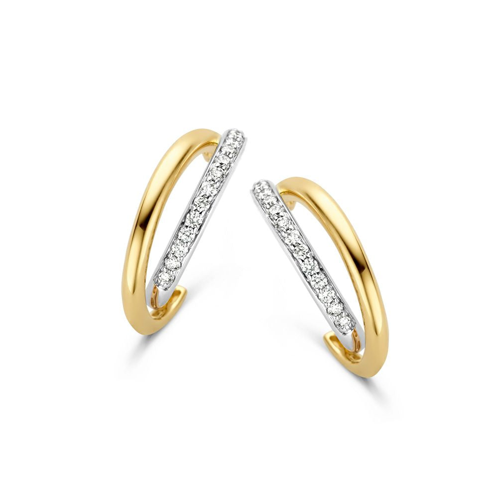 Orecchini in oro bicolore 14 carati con diamanti brillanti, 0,18 crt, design semplice e moderno.