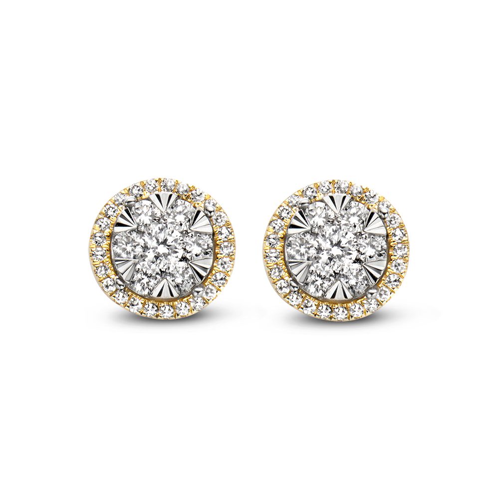 Orecchini bicolore in oro con diamante da 0,44 ct in montatura a entourage.