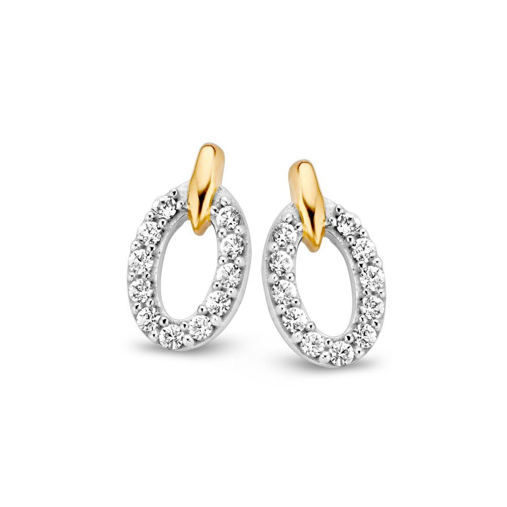Orecchini in oro giallo e bianco con zirconi, forma ovale, diametro di 11,5 mm.