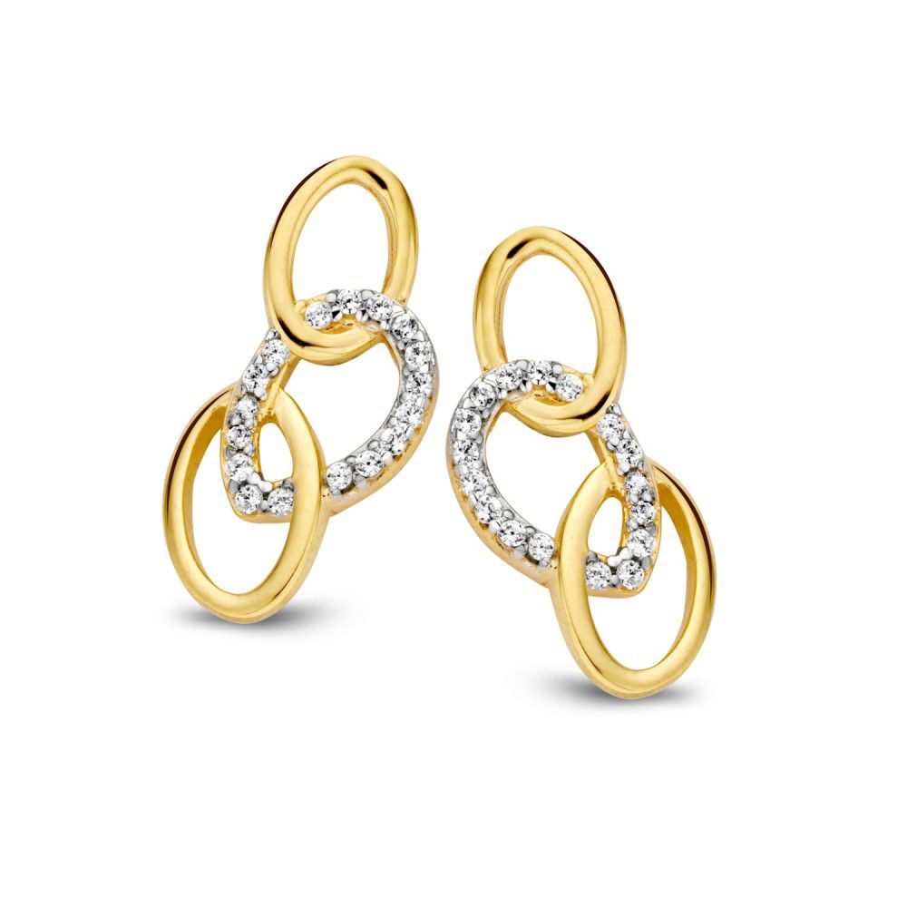 Orecchini bicolori in oro bianco e giallo con zirconi, forma a cerchio, 16 mm.