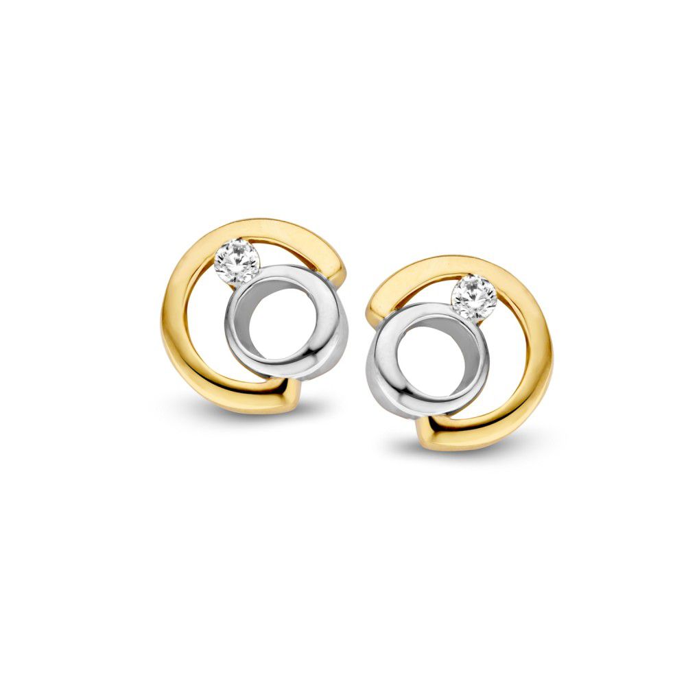 Orecchini bicolori in oro giallo e bianco con zircone, diametro di 9,5 mm.