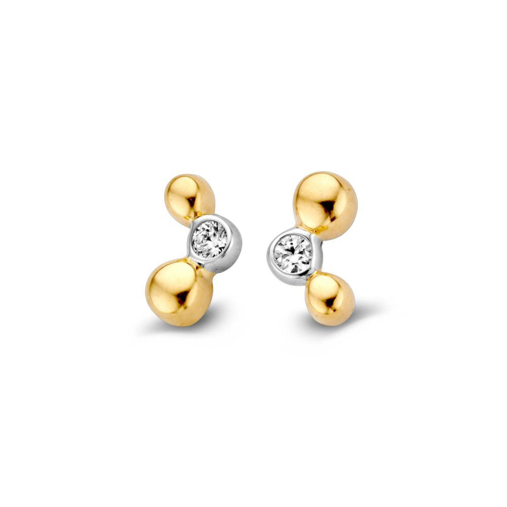 Orecchini bicolore in oro giallo e bianco con zirconia bianca di 4,5 mm.