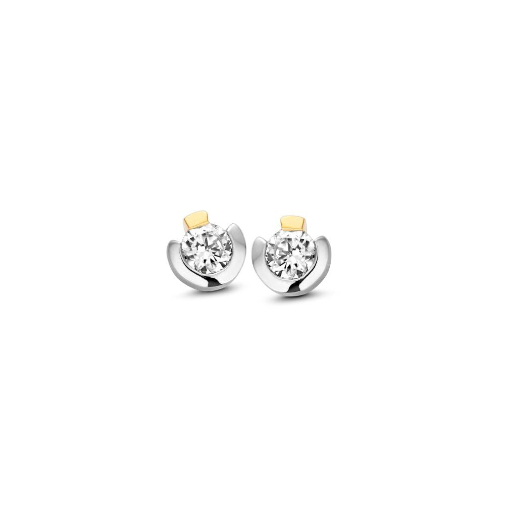 Orecchini bicolore in oro bianco e giallo con zirconi, design a pussetta.