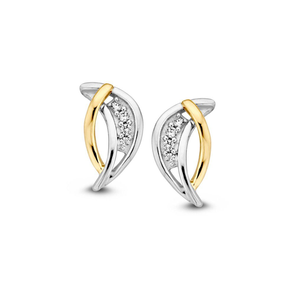 Orecchini bicolore in oro 14k con zirconia bianca, a forma di foglia, di 12 mm.