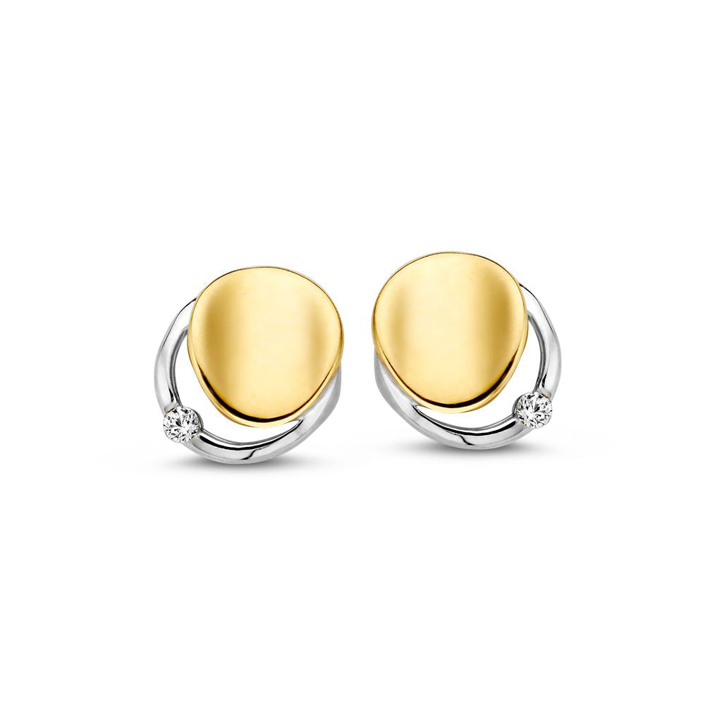 Orecchini a bottone bicolore in oro 14k con zirconia bianca, design elegante di 8 mm.