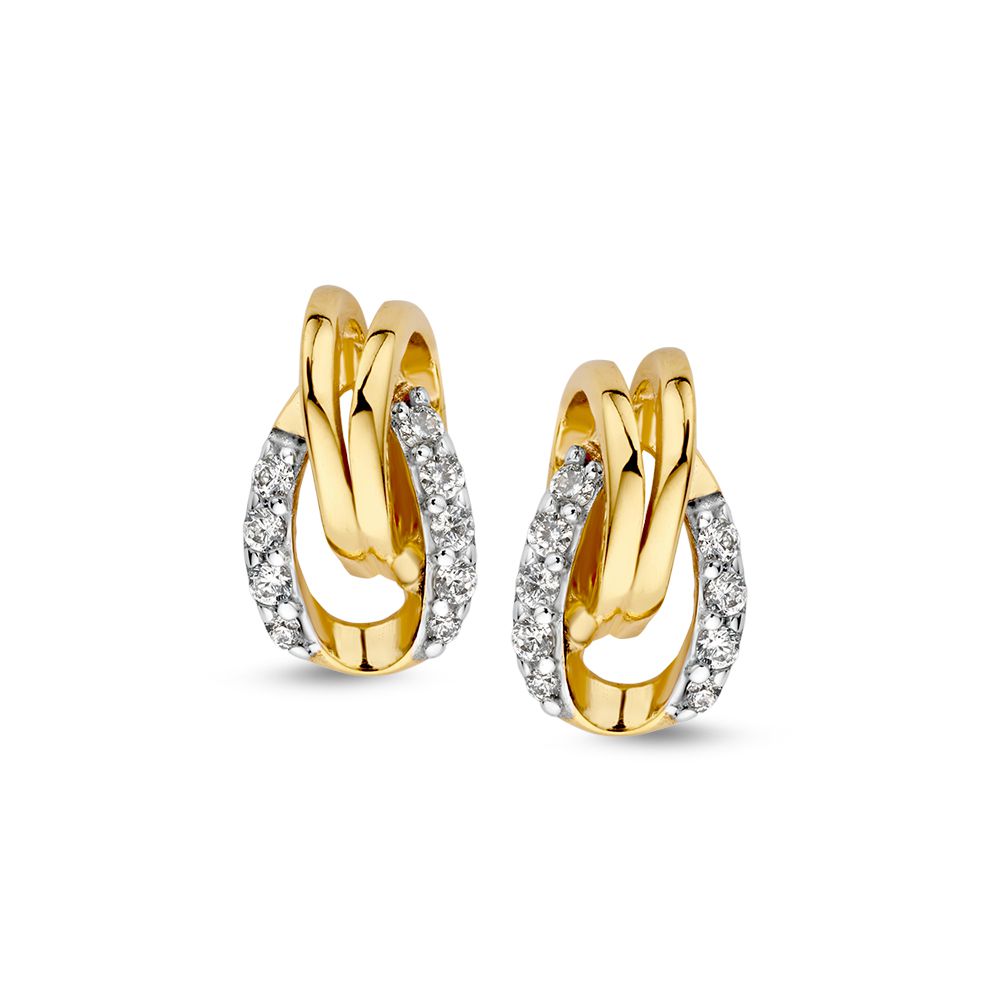 Orecchini bicolore in oro con zircone, design a catena, finitura lucida.