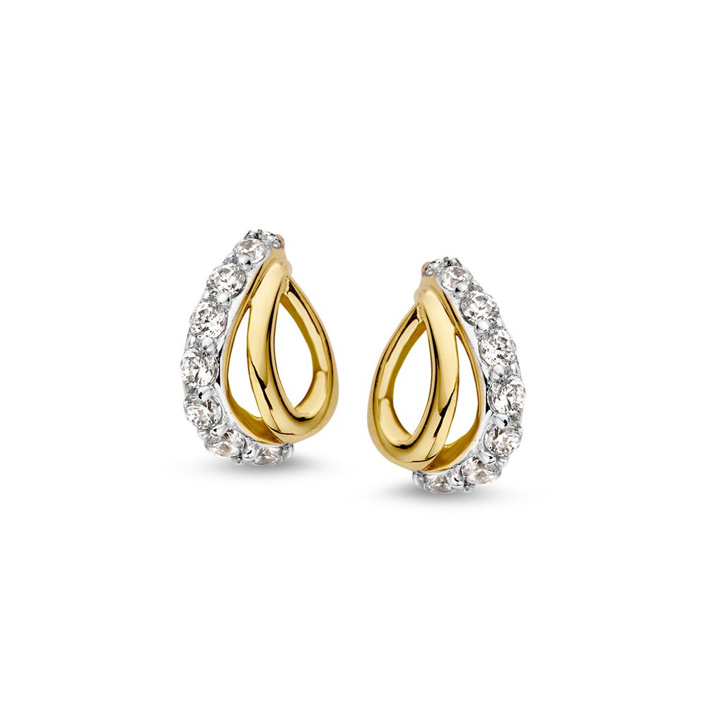 Orecchini bicolore in oro bianco e giallo con zirconi, forma a goccia.