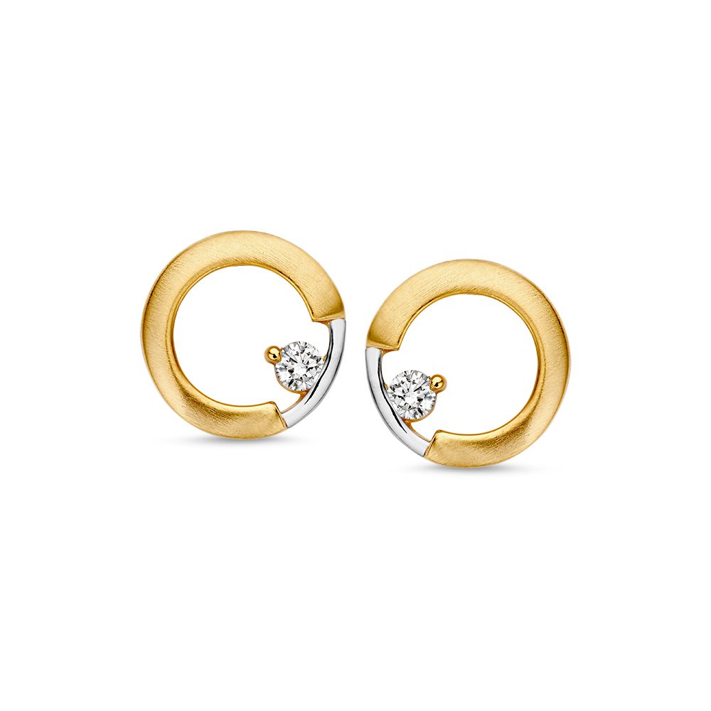 Orecchini bicolore in oro bianco e giallo con zircone, forma circolare e finitura lucida.