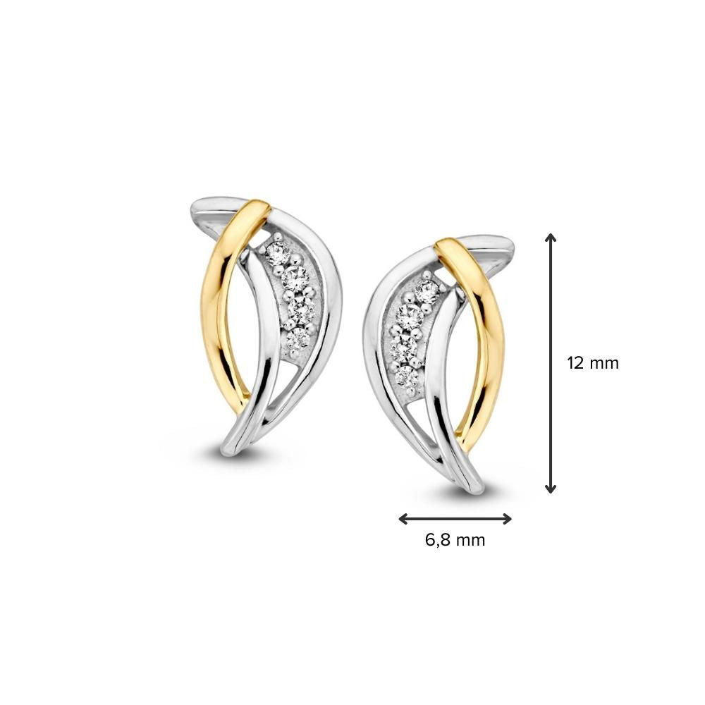 Orecchini in Oro Bicolore 14 Carati con Zirconia Bianca - Eleganti Orecchini a Perno da 12mm per Donna