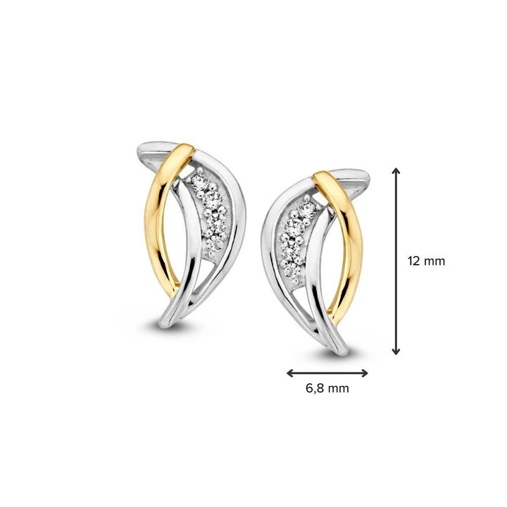 Bicolor 14k Gold Earrings with White Zirconia – Elegant 12mm Studs for Women