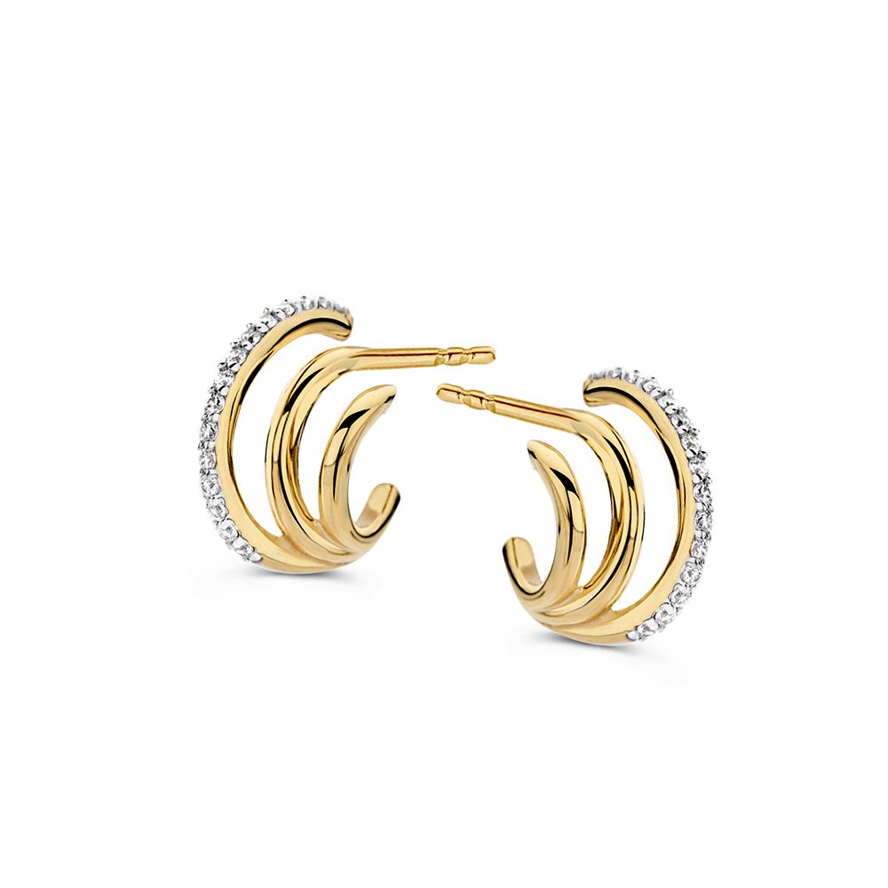Orecchini in oro giallo 14K con zircone, forma ondulata, diametro 8mm.