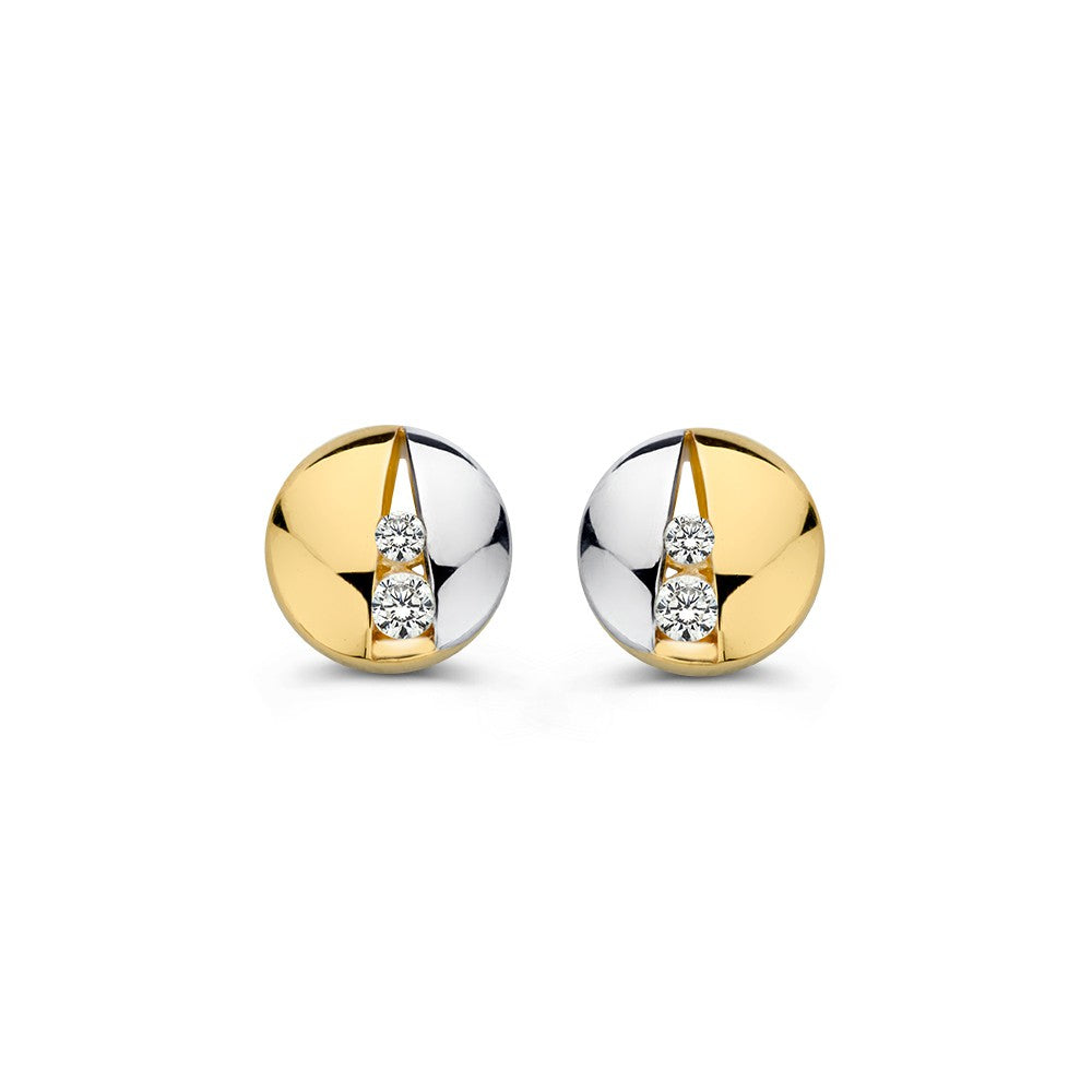 Orecchini bicolore in oro giallo e bianco con zircone, 14 carati, forma rotonda.