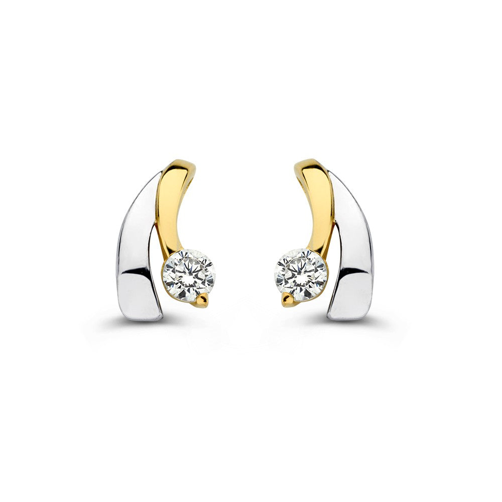Orecchini bicolore in oro bianco e giallo con zirconi, design moderno e lucido.