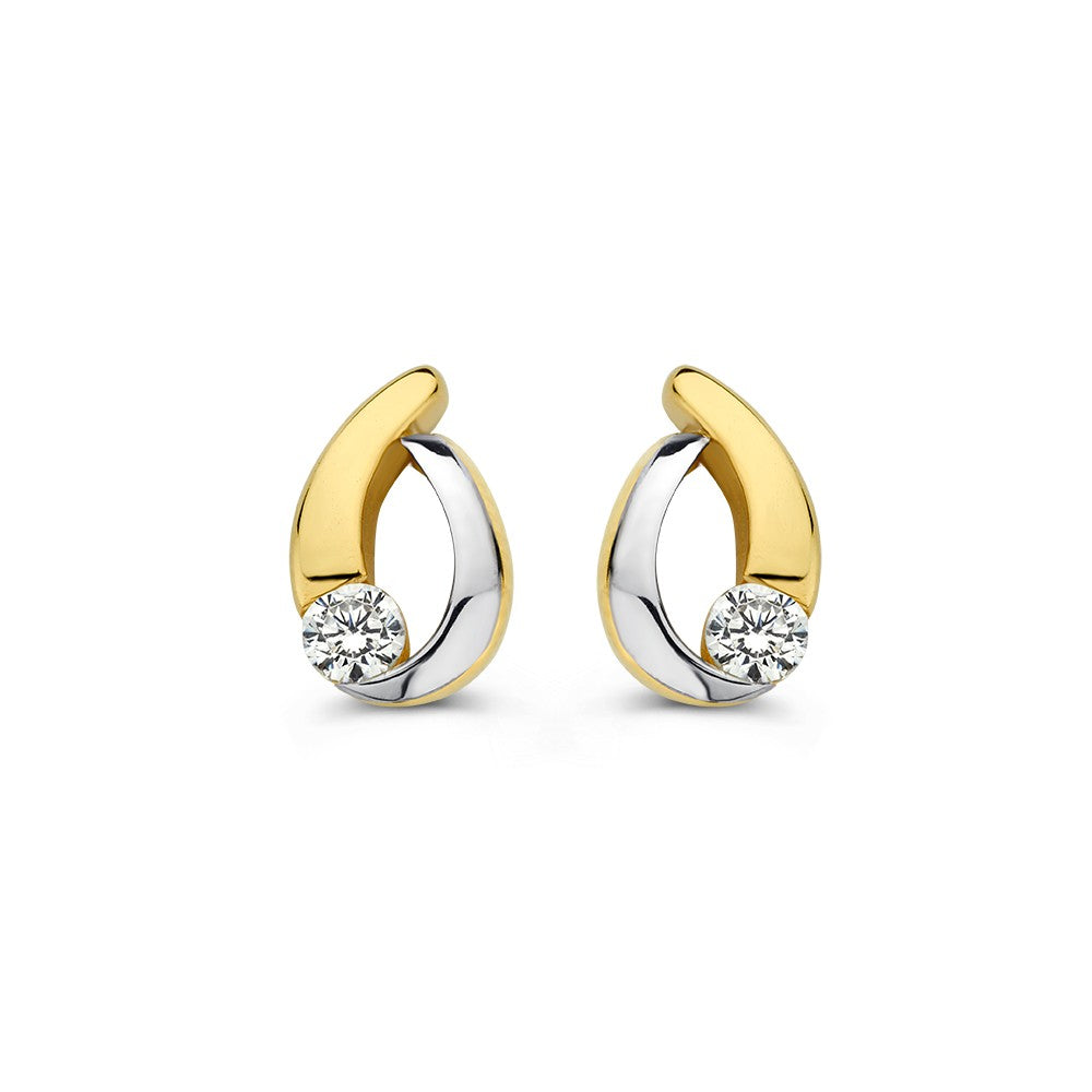 Orecchini bicolore in oro bianco e giallo con zirconi, design a forma di goccia.