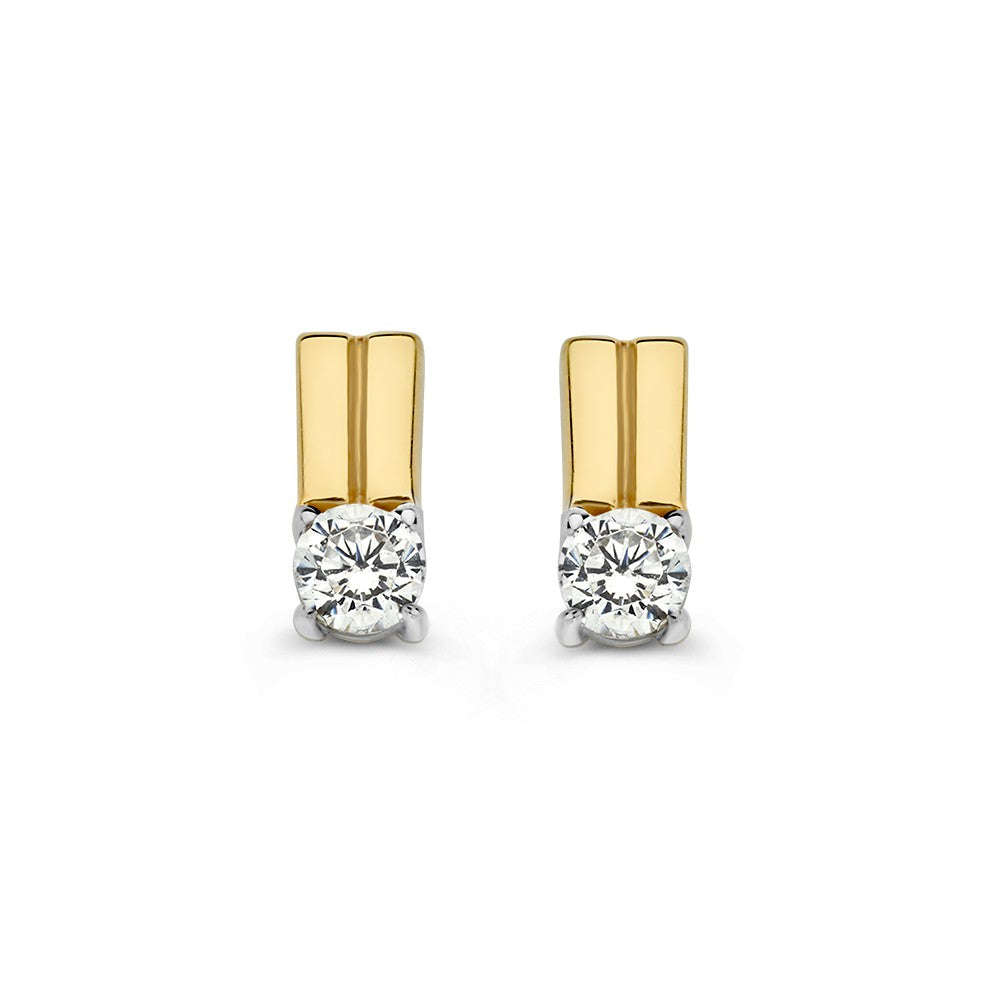 Orecchini bicolore in oro bianco e giallo con zirconi, design semplice, 14 carati.