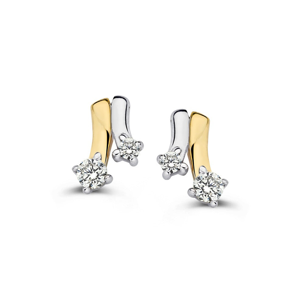 Orecchini bicolore in oro bianco e giallo con zirconi, misura 8,5 mm.