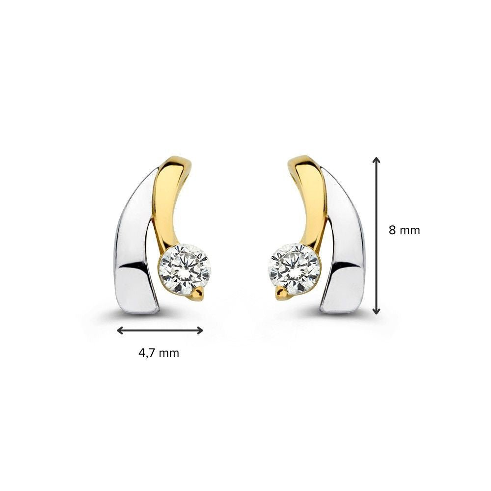 Orecchini a bottone bicolor in oro bianco e giallo con zirconia – 14 carati