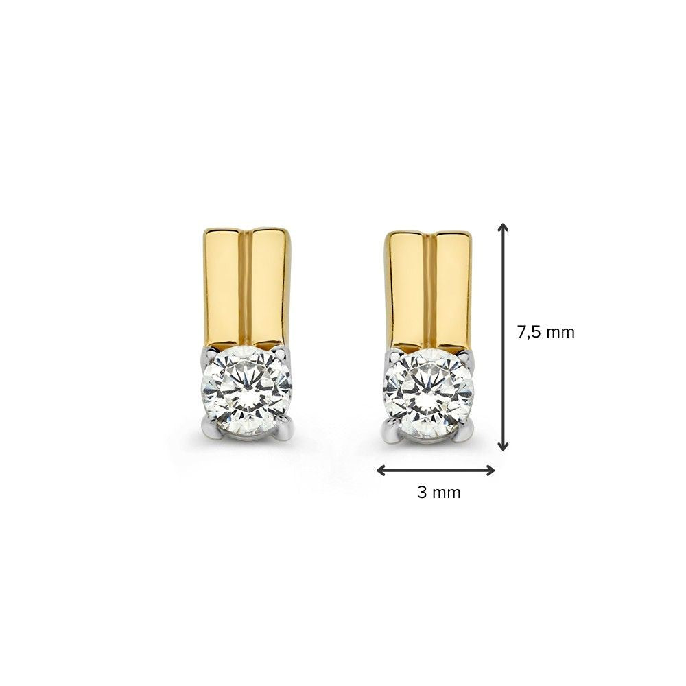Orecchini a Perno Bicolore Oro Bianco e Oro Giallo con Zirconia – Design Lineare, 14 Carati