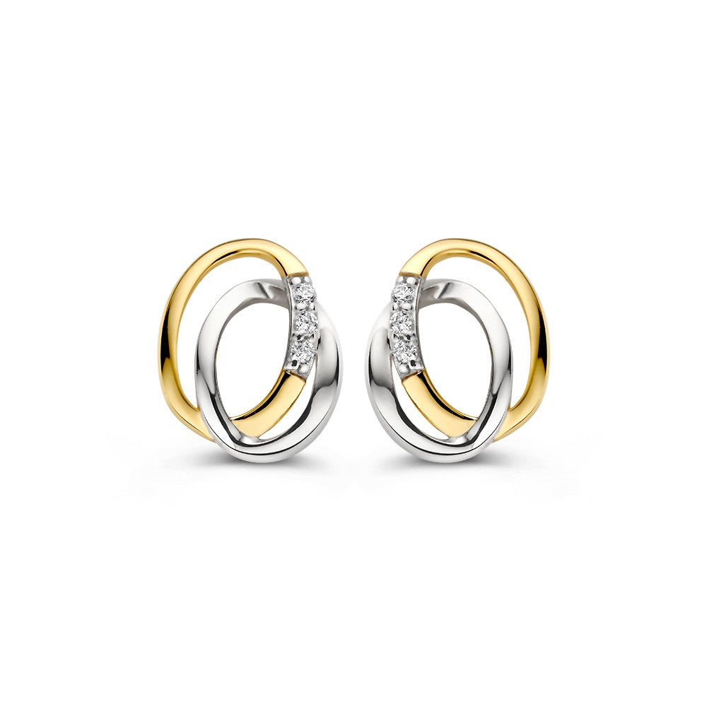 Orecchini bicolore in oro 14K con zircone, design a cerchio intrecciato.
