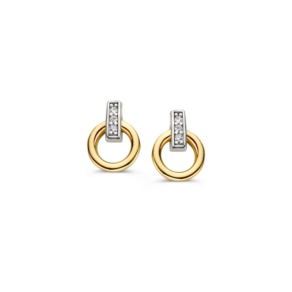 De Excellent Jewelry Bicolor Wit- en Geelgouden Oorstekers met Zirkonia (14K, 10mm, 7,5mm) hebben kleine gouden cirkels en verticale zilveren staafjes versierd met sprankelende zirkonia voor een opvallende look.