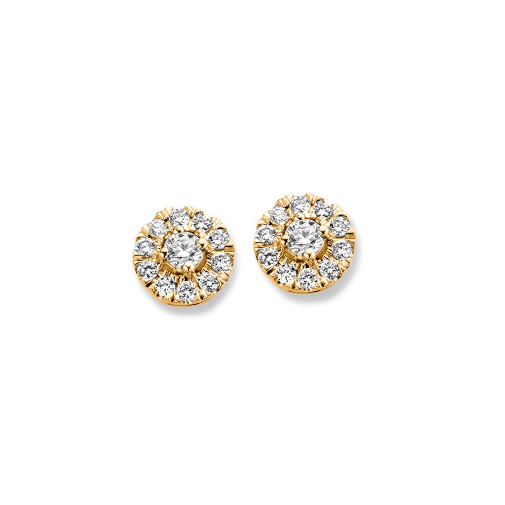 Orecchini in oro giallo con diamanti, design rotondo e dettagli scintillanti.