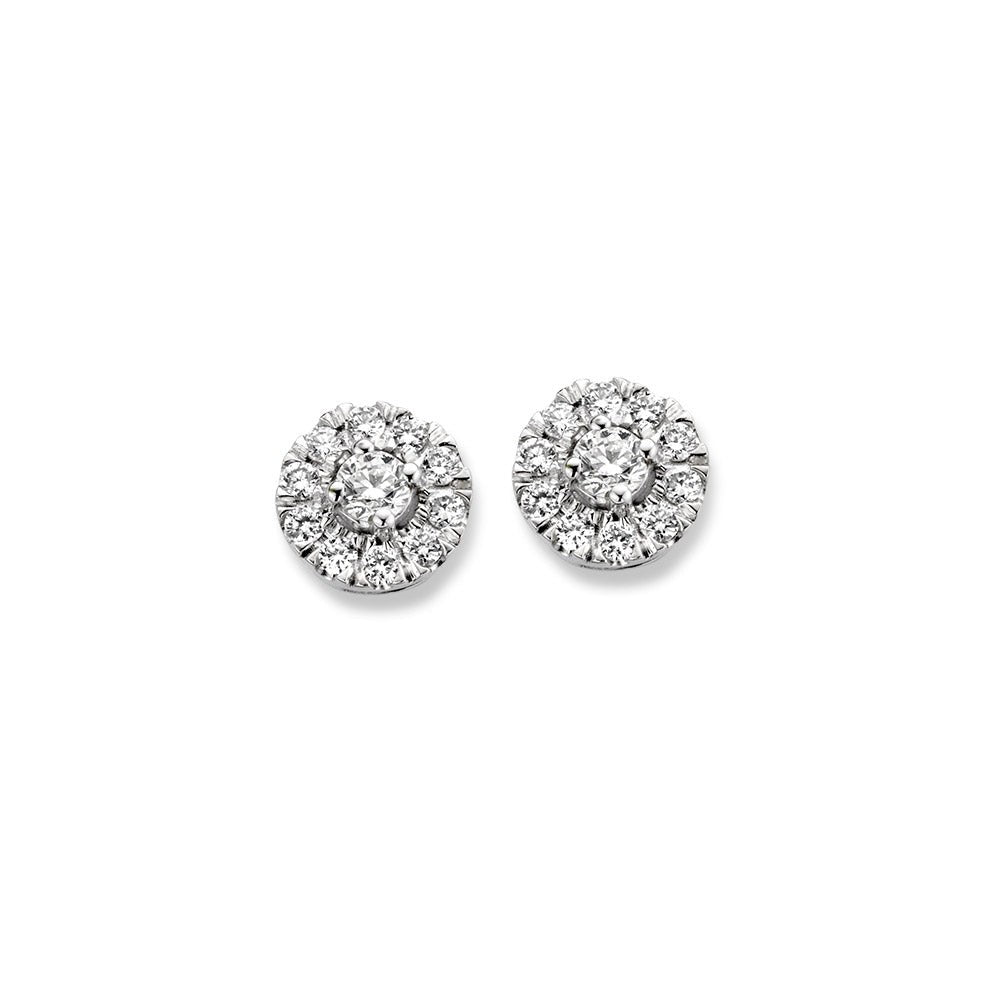 Orecchini in oro bianco con diamanti, forma rotonda e design a fiore.