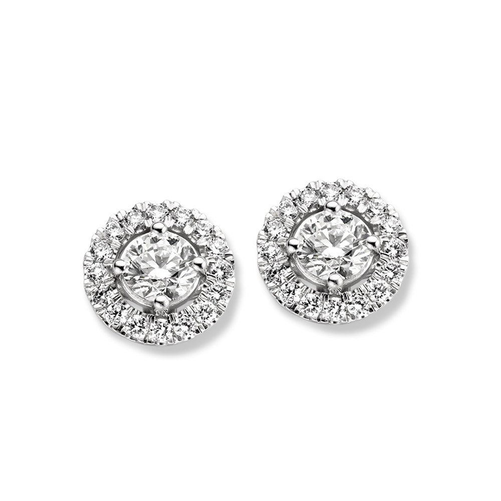 Orecchini in oro bianco con diamanti, design rotondo e pietra centrale brillante.