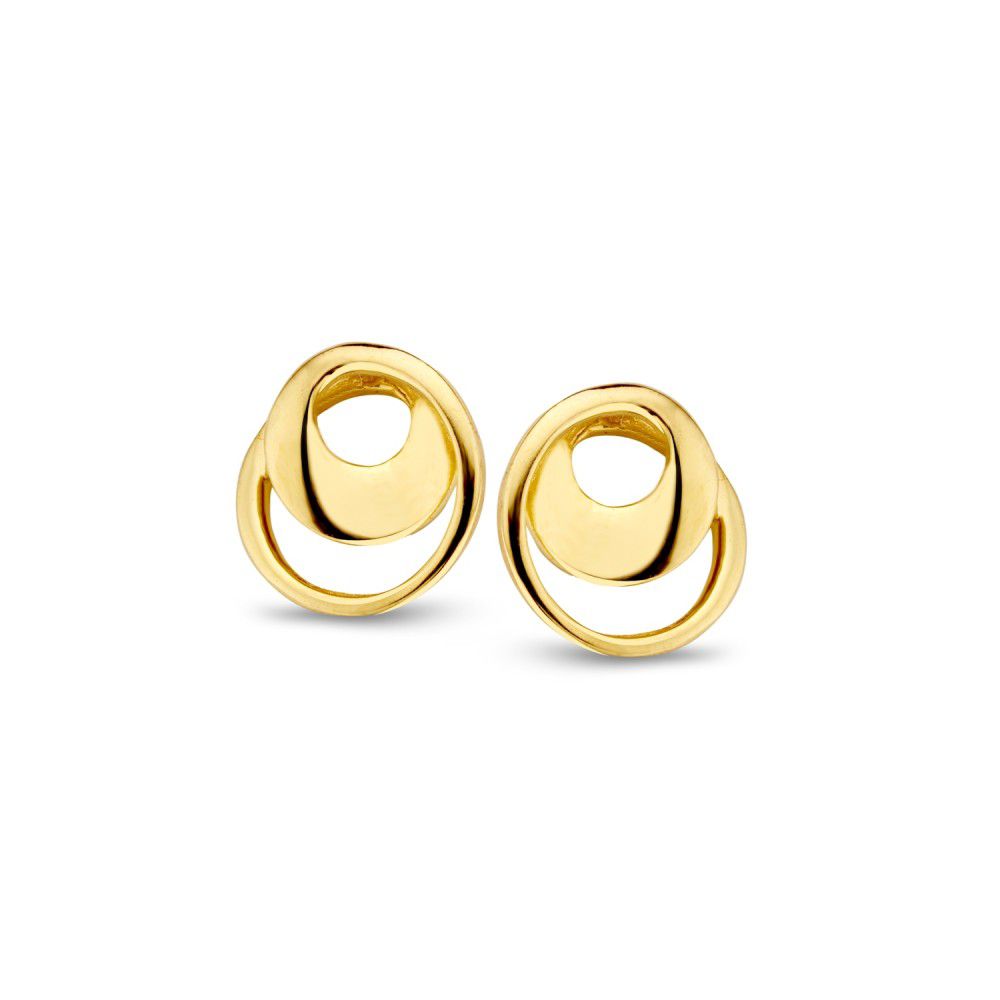 Orecchini in oro giallo 14K, forma ondulata con dettagli intrecciati, diametro 8mm.