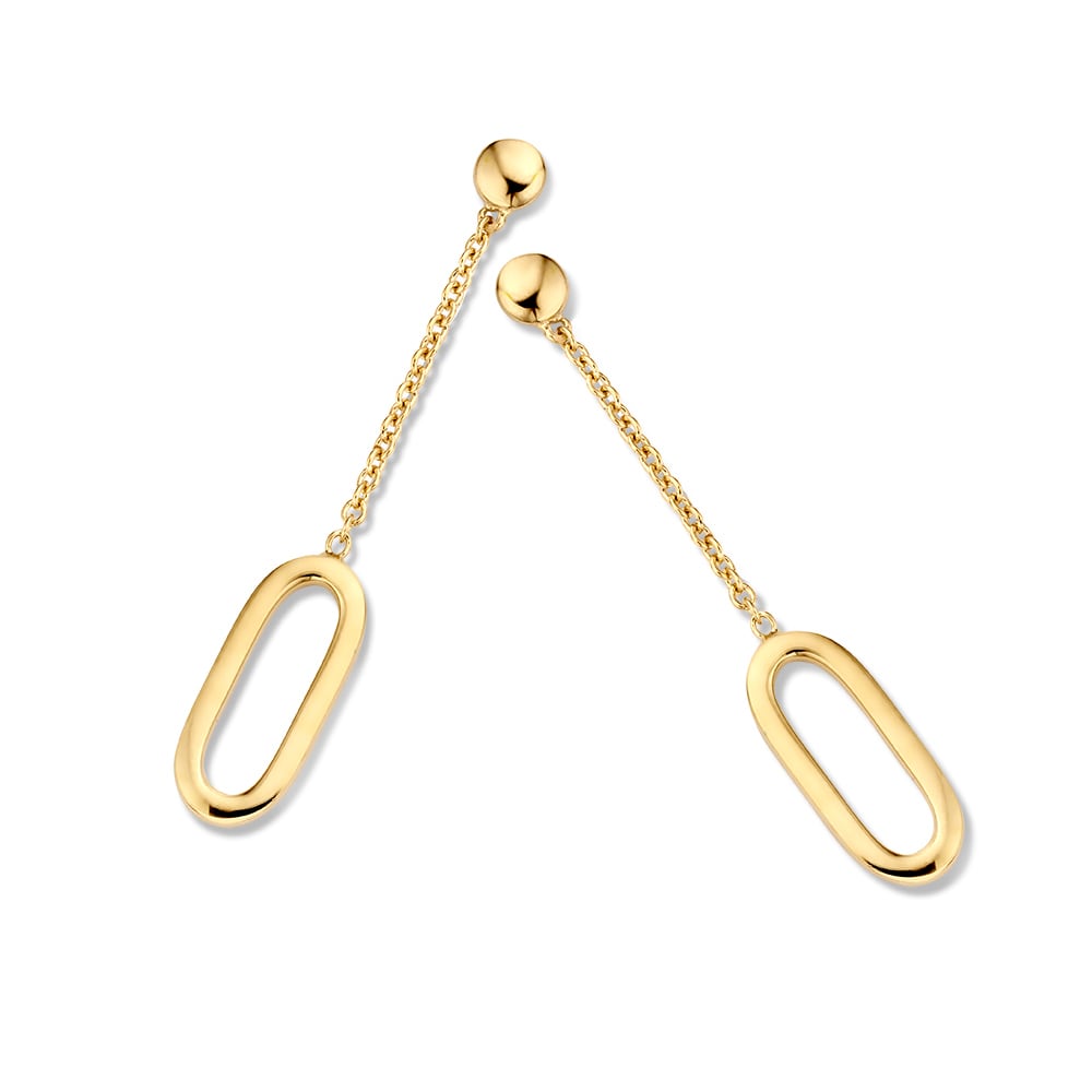 Orecchini in oro giallo 14K con pendenti lunghi a forma ovale di 40 mm.