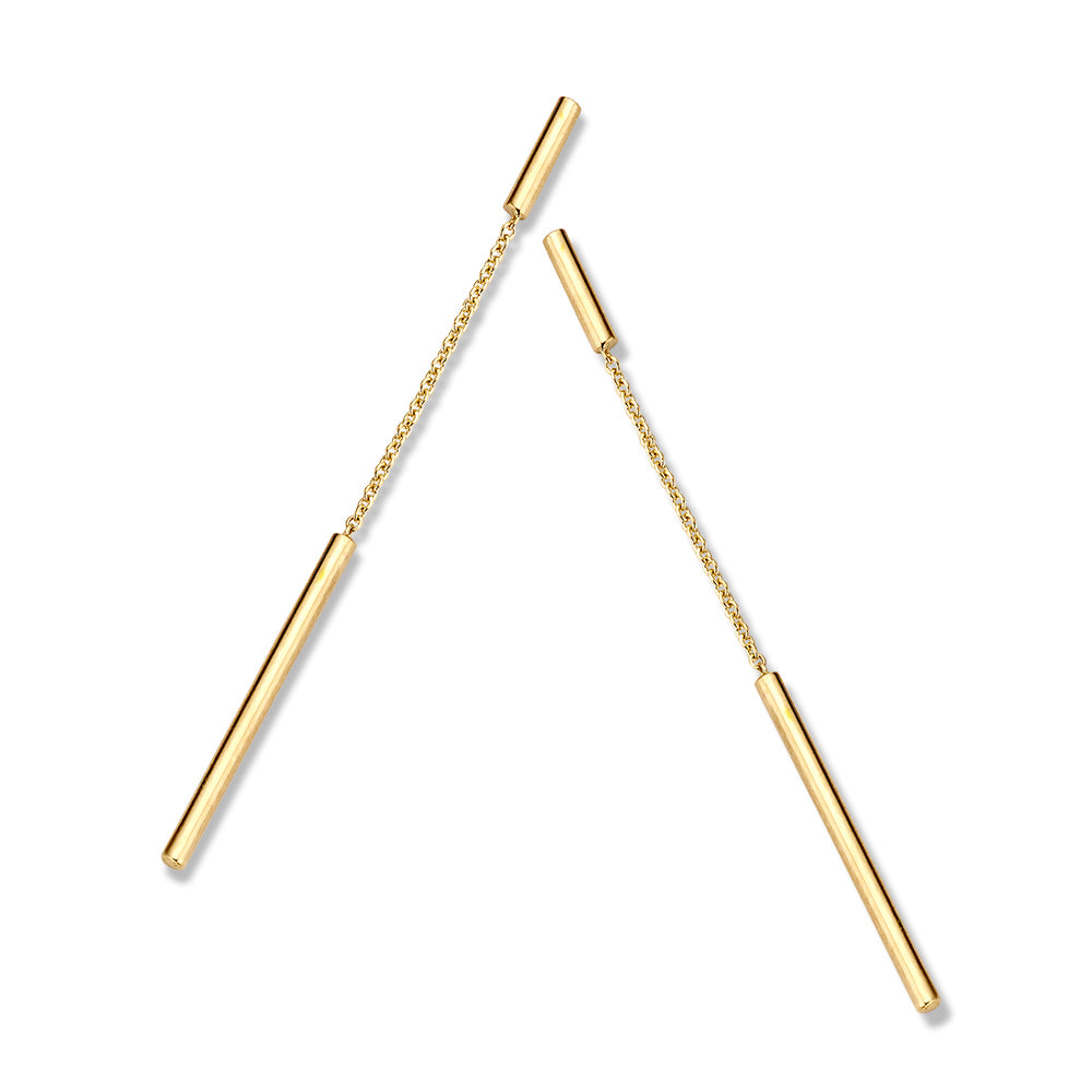 Orecchini in oro giallo 14K con barre pendenti di 70 mm, design moderno.