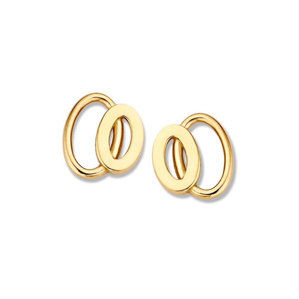 Orecchini in oro giallo 14K, forma ovale con doppio anello, dimensione 7,5 mm.