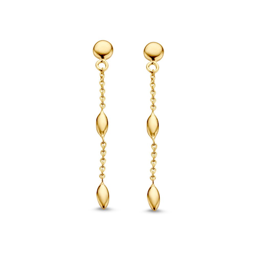 Orecchini in oro giallo 14K con pendenti a forma di goccia, lunghi 34 mm.