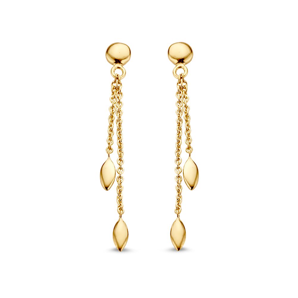 Orecchini in oro giallo 14K con pendenti lunghi e elementi dorati a forma di foglia.