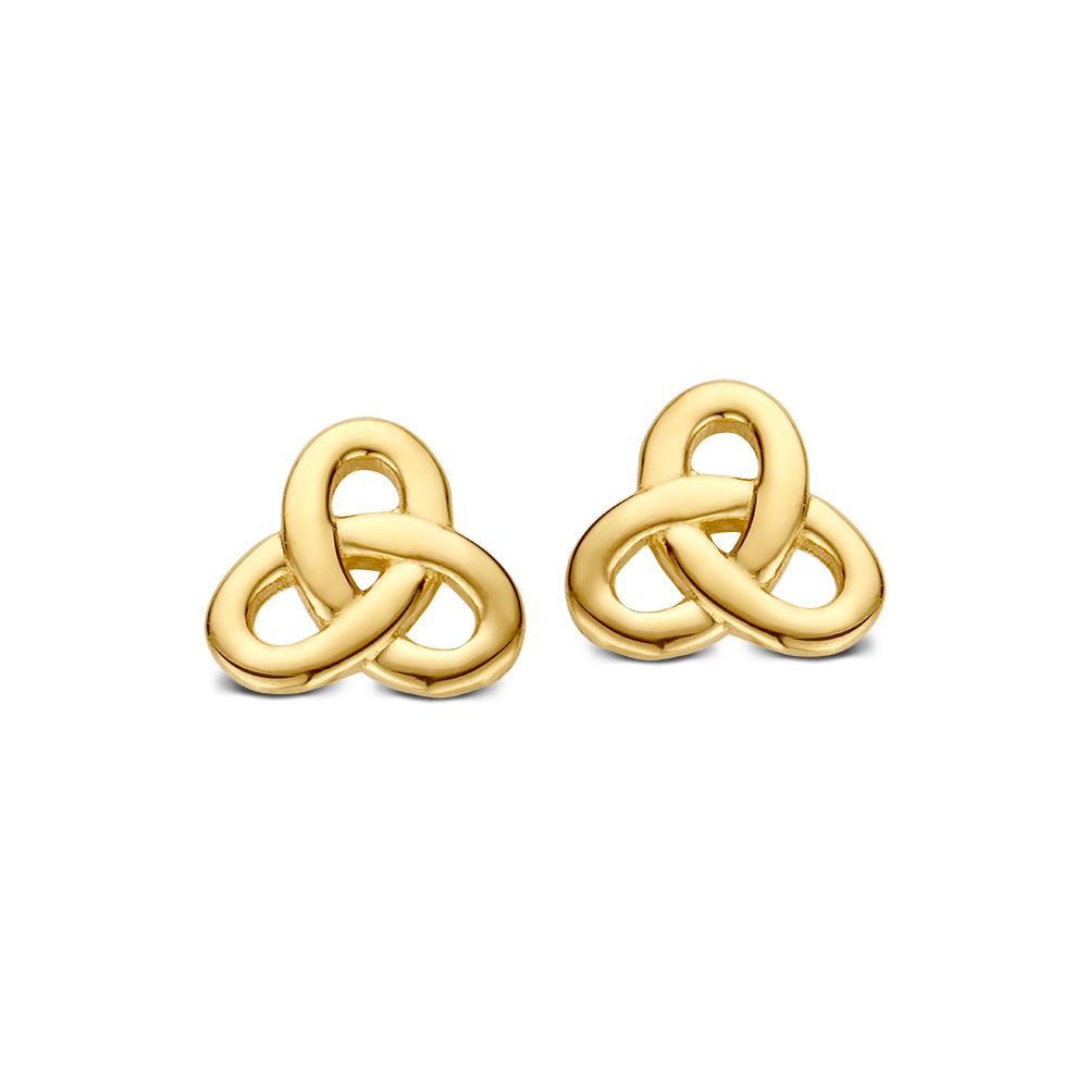 Orecchini in oro giallo 14K con design intrecciato, forma a nodo.