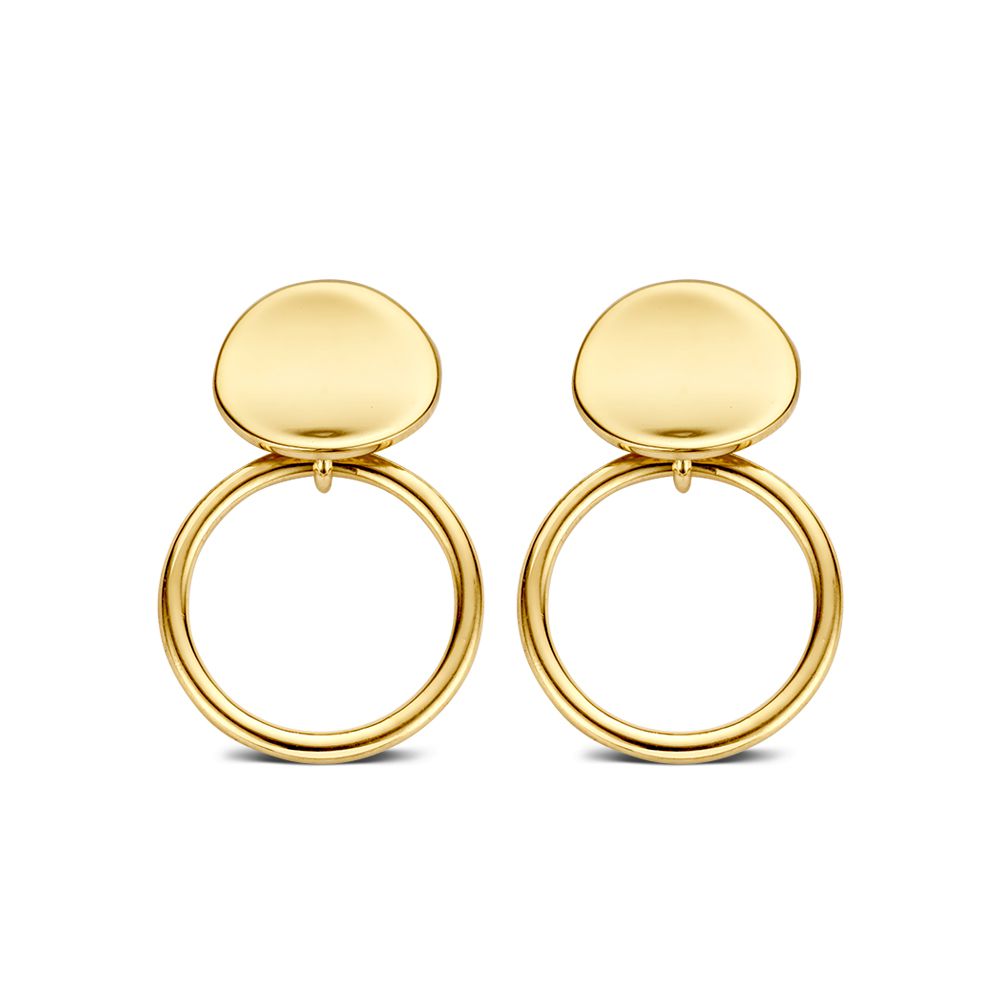 Orecchini in oro giallo 14K con design semplice e raffinato, forma rotonda e anello.